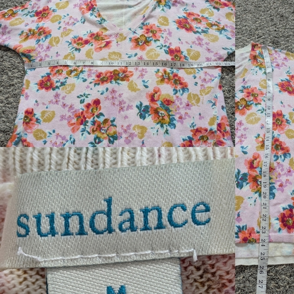 Sundance Pink Yellow Floral Lightweight Cotton V Neck Sweater M - Picture 9 of 9